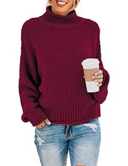 DEARCASE Damen Rollkragen Batwing Langarm Lockerer Oversize-Pullover Gestrickter Grobstrickpullover Oberteile für den Winter, Small Wine Red von DEARCASE