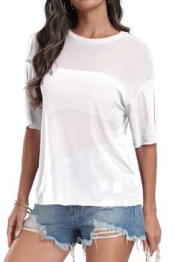 DEARCASE Damen See Through Mesh Sheer Sexy T Shirt Bluse Sommer Kurzarm Rundhals Lose Tops, 2X-Large White von DEARCASE