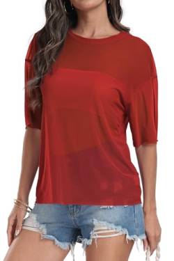 DEARCASE Damen See Through Mesh Sheer Sexy T Shirt Bluse Sommer Kurzarm Rundhals Lose Tops, Large Red von DEARCASE