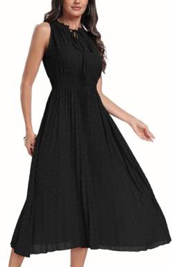 DEARCASE Damen Sommer Maxi Kleid Casual Rundhalsausschnitt Rüschen Saum Ärmellos Elastische hohe Taille A Linie Einfarbige Kleider, 2X-Large Black von DEARCASE