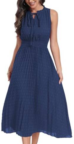 DEARCASE Damen Sommer Maxi Kleid Casual Rundhalsausschnitt Rüschen Saum Ärmellos Elastische hohe Taille A Linie Einfarbige Kleider, 2X-Large Navy Blue von DEARCASE