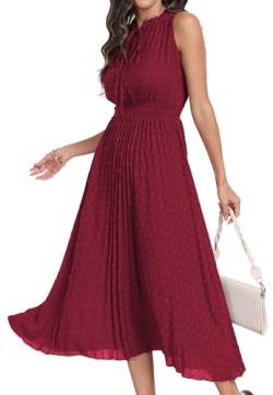 DEARCASE Damen Sommer Maxi Kleid Casual Rundhalsausschnitt Rüschen Saum Ärmellos Elastische hohe Taille A Linie Einfarbige Kleider, 2X-Large Wine Red von DEARCASE