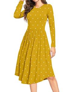 DEARCASE Damen Sommer Polka Dot Lässige Midi Tunika Lange Ärmel Schlichtes Kleid Plissee Lose Fließende Blumen Damen Kleid mit Tasche von DEARCASE