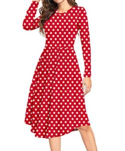 DEARCASE Damen Sommer Polka Dot Lässige Midi Tunika Lange Ärmel Schlichtes Kleid Plissee Lose Fließende Blumen Damen Kleid mit Tasche von DEARCASE