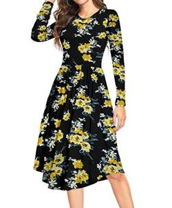 DEARCASE Damen Sommer Polka Dot Lässige Midi Tunika Lange Ärmel Schlichtes Kleid Plissee Lose Fließende Blumen Damen Kleid mit Tasche von DEARCASE