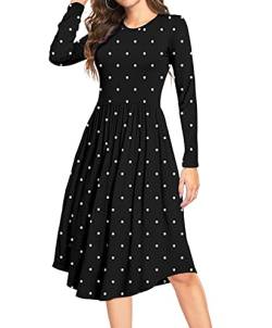 DEARCASE Damen Sommer Polka Dot Lässige Midi Tunika Lange Ärmel Schlichtes Kleid Plissee Lose Fließende Blumen Damen Kleid mit Tasche von DEARCASE