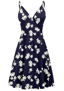 DEARCASE Damen V-Ausschnitt Blumenmuster Spaghettiträger Sommerkleid Ärmellos Casual Swing Midi Sundress mit Taschen, Large Navy Lily von DEARCASE