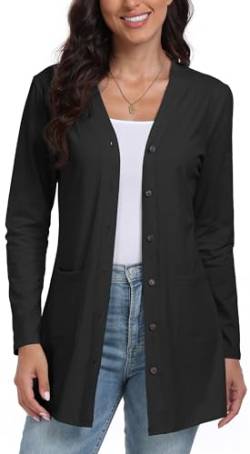 DEARCASE Frauen Offene Vorderseite Leichte Gestrickte Einfarbig Strickjacke mit Langen Ärmeln und Knopfleiste - lockerer Pullover mit Taschen, X-Large Black von DEARCASE