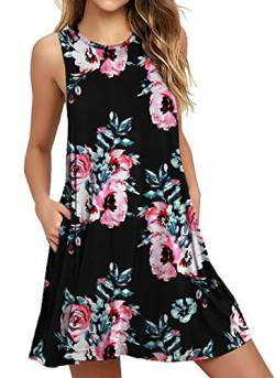 DEARCASE Freizeitkleid für Frauen im Sommer Ärmelloses T-Shirt-Kleid mit Rundhalsausschnitt Elegantes Mini Strandkleid mit Taschen, Blumendruck Schwarz 2XL von DEARCASE