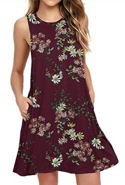 DEARCASE Freizeitkleid für Frauen im Sommer Ärmelloses T-Shirt-Kleid mit Rundhalsausschnitt Elegantes Mini Strandkleid mit Taschen, Floral Weinrot S von DEARCASE