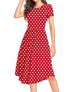 DEARCASE Kurzärmeliges Tunikakleid Damen Polka Dot Muster Rundhalsausschnitt Midikleid für Sommer Casual Flared Style mit Taschen S, Rot von DEARCASE