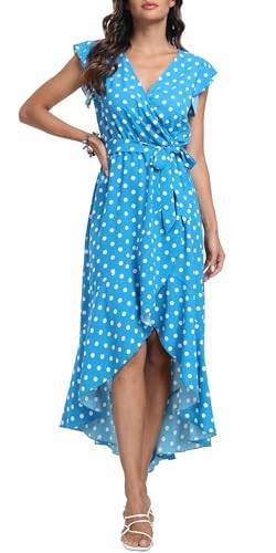 DEARCASE Sommerkleid Freizeitkleid Strandkleid Kurzarm Cocktail Floral Midi Polka Dot Kleider V-Ausschnitt Boho Maxikleid Flowy langes Kleid für Damen,2X-Large Dot Light Blue von DEARCASE