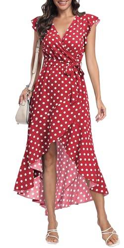 DEARCASE Sommerkleid Freizeitkleid Strandkleid Kurzarm Cocktail Floral Midi Polka Dot Kleider V-Ausschnitt Boho Maxikleid Flowy langes Kleid für Damen,2X-Large Dot Wine Red von DEARCASE