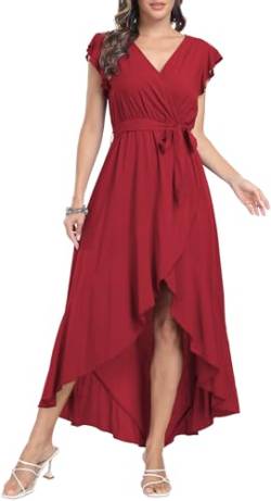 DEARCASE Sommerkleid Freizeitkleid Strandkleid Kurzarm Cocktail Floral Midi Polka Dot Kleider V-Ausschnitt Boho Maxikleid Flowy langes Kleid für Damen,Medium Wine Red von DEARCASE