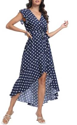 DEARCASE Sommerkleid Freizeitkleid Strandkleid Kurzarm Cocktail Floral Midi Polka Dot Kleider V-Ausschnitt Boho Maxikleid Flowy langes Kleid für Damen,X-Large Dot Navy von DEARCASE