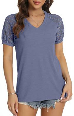 DEARCASE T-Shirt Damen V-Ausschnitt Spitze Ärmel Bluse Solide Tunika Kurzarm Tops Elegant Sommer Tshirts, Blau L von DEARCASE