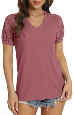 DEARCASE T-Shirt Damen V-Ausschnitt Spitze Ärmel Bluse Solide Tunika Kurzarm Tops Elegant Sommer Tshirts, Rosa M von DEARCASE