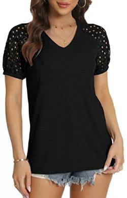 DEARCASE T-Shirt Damen V-Ausschnitt Spitze Ärmel Bluse Solide Tunika Kurzarm Tops Elegant Sommer Tshirts, Schwarz L von DEARCASE