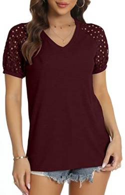 DEARCASE T-Shirt Damen V-Ausschnitt Spitze Ärmel Bluse Solide Tunika Kurzarm Tops Elegant Sommer Tshirts, Weinrot L von DEARCASE