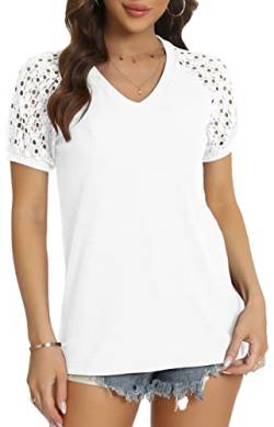 DEARCASE T-Shirt Damen V-Ausschnitt Spitze Ärmel Bluse Solide Tunika Kurzarm Tops Elegant Sommer Tshirts, Weiß L von DEARCASE