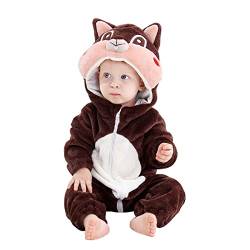 DEBAIJIA Baby Spielanzug Flanell 0-24M Tier Strampler Winter Overall mit Kapuze Jumpsuit Mädchen und Junge Süß Pyjama (Dunkelbraun-70) von DEBAIJIA