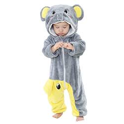 DEBAIJIA Baby Spielanzug Flanell 0-24M Tier Strampler Winter Overall mit Kapuze Jumpsuit Mädchen und Junge Süß Pyjama (Gelb Grau-100) von DEBAIJIA