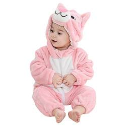 DEBAIJIA Baby Spielanzug Flanell 12-18M Tier Strampler Winter Overall mit Kapuze Süß Jumpsuit Mädchen und Junge Warm Pyjama (Rosa01-90) von DEBAIJIA