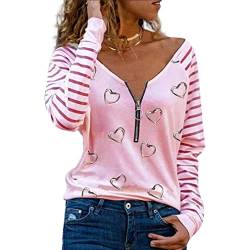 DEBAIJIA Damen Langarmshirt V-Ausschnitt Knopfleiste Sexy Langarm Tops Lockere Passform Pullover Casual Sanft Frühling Herbst (C-Rosa-S) von DEBAIJIA