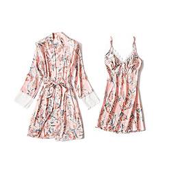 DEBAIJIA Damen Nachthemd 2 Stück Set Nachtwäsche Satin Morgenmantel Sexy Nachtkleid V Ausschnitt Pyjama Robe Bademantel Leichte Atmungsaktiv (Rosa-XL) von DEBAIJIA