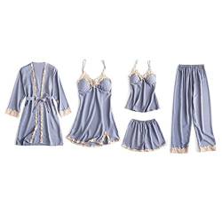 DEBAIJIA Damen Nachthemd 5 Stück Set Nachtwäsche Satin Schlafanzüge Sexy Nachtkleid Negligee Robe Pyjama Bademantel Atmungsaktiv Leichte (Hellblau-M) von DEBAIJIA
