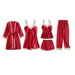 DEBAIJIA Damen Nachthemd 5 Stück Set Nachtwäsche Satin Schlafanzüge Sexy Nachtkleid Negligee Robe Pyjama Bademantel Atmungsaktiv Leichte (Rot-M) von DEBAIJIA