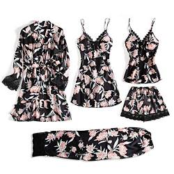 DEBAIJIA Damen Nachthemd 5 Stück Set Nachtwäsche Satin Schlafanzüge Sexy Nachtkleid Negligee Robe Pyjama Bademantel Atmungsaktiv Leichte (Schwarz-L) von DEBAIJIA