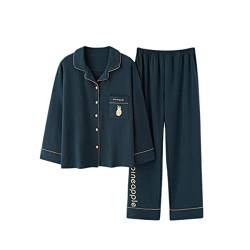 DEBAIJIA Damen Pyjama 2 Stück Set Schlafanzug Nachtwäsche Weiblich Hausanzug Schlafkleid Nachthemd Langarm Weich Lässige (Dunkelblau-2XL) von DEBAIJIA