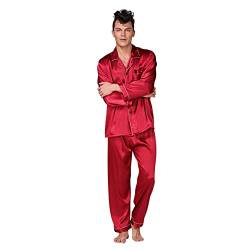 DEBAIJIA Herren Bademantel Morgenmantel Schlafanzug Pyjama Hose Seide Lang Satin Nachtwäsche Männer Hausmantel (Rot-XL) von DEBAIJIA