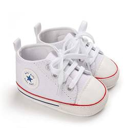 DEBAIJIA Lauflernschuhe Baby Segeltuchschuhe 6-12M Kinder Turnschuhe Jungen Leichtes Leinen Schuhe Mädchen Weiche Sohle 18 EU Weiß Rot (Etikettengröße 2) von DEBAIJIA