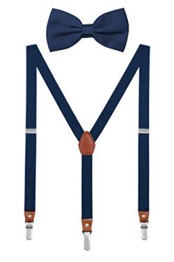 DEBAIJIA Schick Hosenträger mit Fliege Etui Damen Herren Jugendliche Suspenders Retro 3 Clips Elastisch Gürtel Längeverstellbar 155-180 Körperhöhe - Marineblau von DEBAIJIA