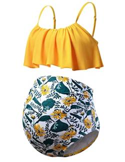 DEBELLY Mutterschaft Bikini Set Zweiteiliger Badeanzug Rüschen Frauen Badeanzüge Hohe Taille Vintage Schwangerschaft Bademode, Gelb mit Blumenmuster, Medium von DEBELLY