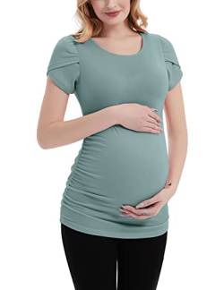 DEBELLY Schwangerschafts-Top, kurze Blütenblätterärmel, gerüschte Seite, Schwangerschaftstunika für Freizeitkleidung, Basic-Umstands-T-Shirt, Salbei, X-Groß von DEBELLY