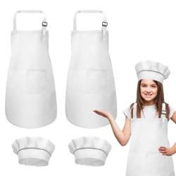 DECARETA 4 Stück Schürze und Kochmütze Set Kinder Kinderschürzen Weiss Küchenschürze Kinderkochschürze Set Verstellbare Gillschürze 4-12 Jahre alt Kinder Backschürze Latzschürze für Kochen Backen von DECARETA