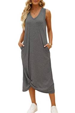 DEEP SELF Damen Casual V Ausschnitt Twist Knot Front Ärmelloses Langes Kleid Sommer Strand Tank Knöchellange Kleider mit Taschen, 03-dark grey, XX-Large Mehr von DEEP SELF