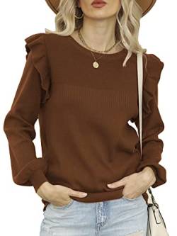 DEEP SELF Damen Langarm Pullover Rüschen Pullover für Damen Casual Herbst Sweatshirts Gemütlicher Strickpullover Pullover Tops, braun, Mittel von DEEP SELF
