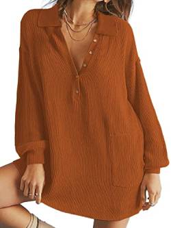 DEEP SELF Damen Langarm V-Ausschnitt Knopf Mini Pullover Kleid Oversized Collered Pullover Sweater Kurzes Kleid mit Taschen, Rostrot, X-Groß von DEEP SELF