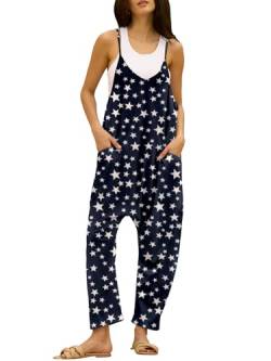 DEEP SELF Damen Lose Casual V-Ausschnitt Ärmellose Jumpsuits Verstellbare Spaghettiträger Harem Lange Hosen Overalls mit Taschen, C-blaue Sterne, XXX-Large von DEEP SELF