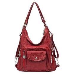 DEEVORCA Vintage Damen Umhängetasche Mode Lässig Rucksack Einkaufen Arbeit Reisen Crossbody Tasche PU Leder Wasserdicht Mehrere Taschen Schultertasche Multifunktionale Handtasche Rot von DEEVORCA