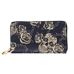 DEHIWI Blumen Schädel Ornamental Muster Leder Reißverschluss Rund Brieftasche Frauen Clutch Geldbörse Reise Karte Halter Tasche Geschenk, Schwarz , Einheitsgröße von DEHIWI