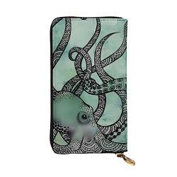 DEHIWI Green Octopus Damen-Geldbörse, Leder, lang, mit Reißverschluss, Clutch, Reise-Geldbörse, Kreditkartenetui, grün, Einheitsgröße von DEHIWI