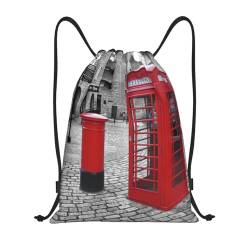 DEHIWI London Rote Telefonzelle Kordelzug Tasche Rucksack Schwimmtasche Frauen Trainer Tasche String Bag Für Gym Reisen, Schwarz , M von DEHIWI