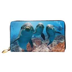 DEHIWI Ocean Animal Funny Dolphin Leather Zip Around Wallet Women Clutch Purse Travel Card Holder Bag Gift, Schwarz , Einheitsgröße von DEHIWI