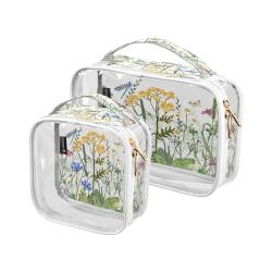 DEHOZO 2 Stück transparente Kulturbeutel, Blume, Libelle, Kräuter, Schmetterling, Reise-Make-up-Tasche mit Griff, TSA-zugelassener Kosmetiktaschen-Organizer für Damen und Herren, Handgepäcktasche für von DEHOZO