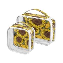 DEHOZO 2 Stück transparente Kulturbeutel, Blumen-Sonnenblume, Vintage-Reise-Make-up-Tasche mit Griff, TSA-zugelassener Kosmetiktaschen-Organizer für Damen und Herren, Handgepäcktasche für von DEHOZO